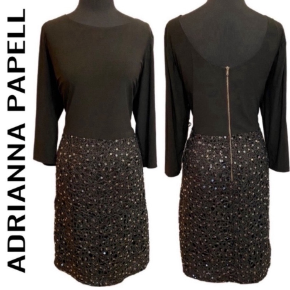Adrianna Papell Dress Women’s Size 16W Black Long Sleeve Mixed Sequin Lace New